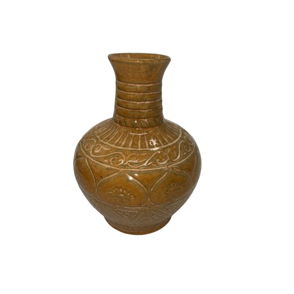 VTG Mustard Yellow Pottery Vase Handmade In Vietnam 6.5"